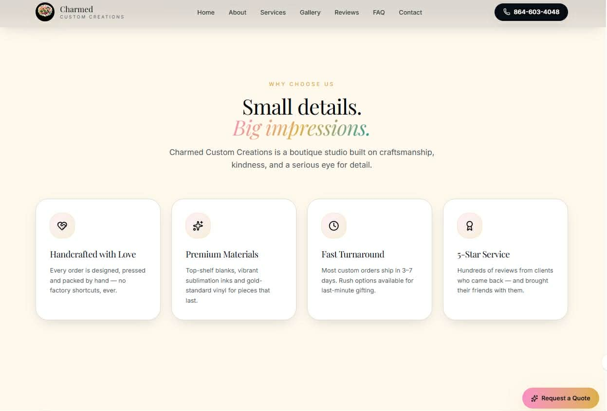 Charmed Custom Creations website — Why Choose Us