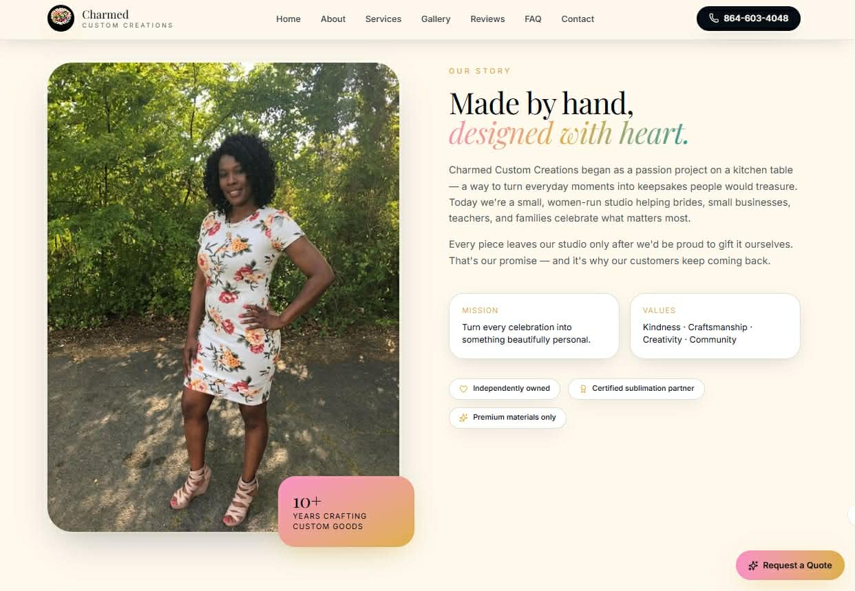 Charmed Custom Creations website — Our Story / About