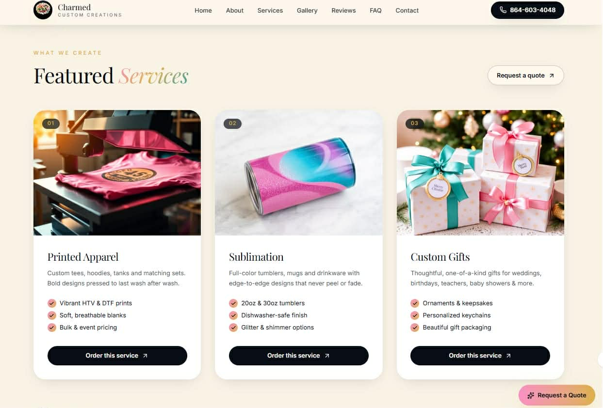 Charmed Custom Creations website — Featured Services