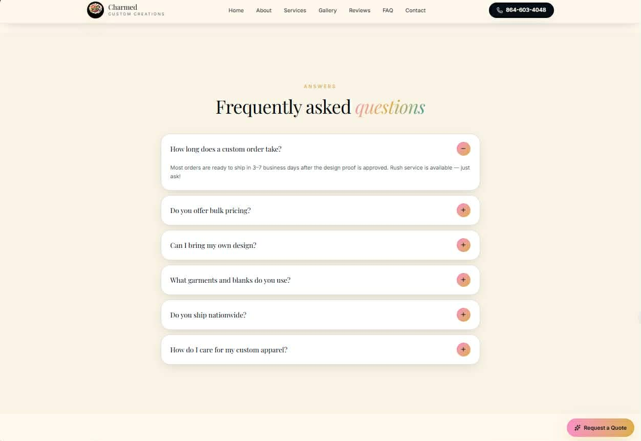 Charmed Custom Creations website — FAQ Section